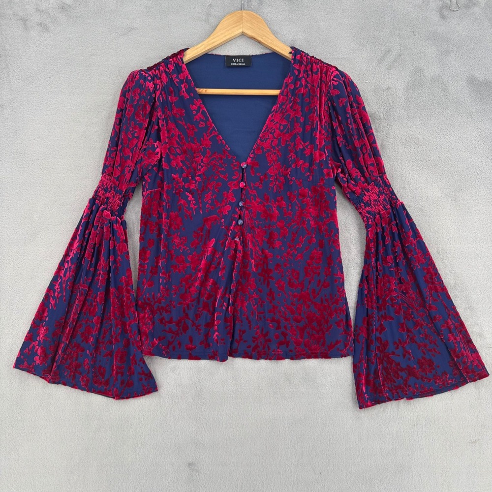 VICI Velvet Bell Sleeve V-Neck Blouse Women XS Purple Pink Floral Burnout Fairy